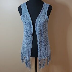 PINK ROSE Boho Knit Open Sweater Vest, Bottom Fringe Tassles, Seafoam Green